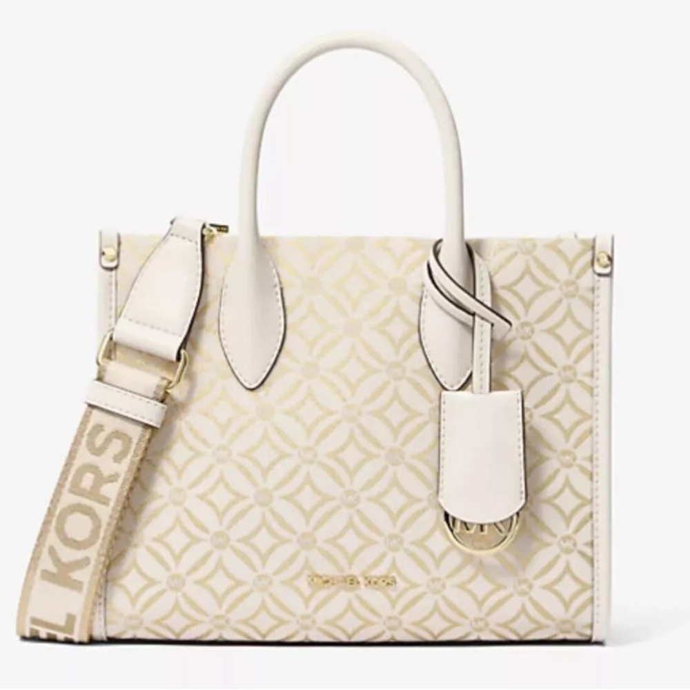 MICHAEL KORS MIRELLA SM SHOPPER SATCHEL SHOULDER BAG GRAPHIC LOGO GLITTER CREAM